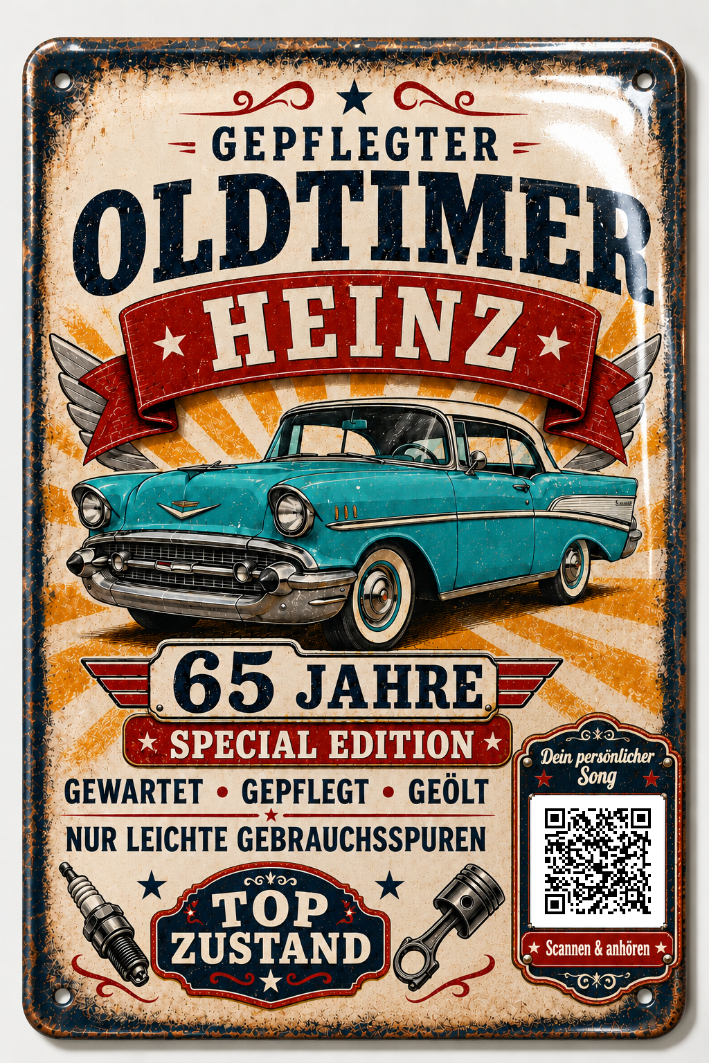 Gepflegter Oldtimer – Türkiser Klassiker zum Geburtstag – personalisiertes Blechschild – Ausführung mit QR-Code für einen persönlichen Song, 20 × 30 cm