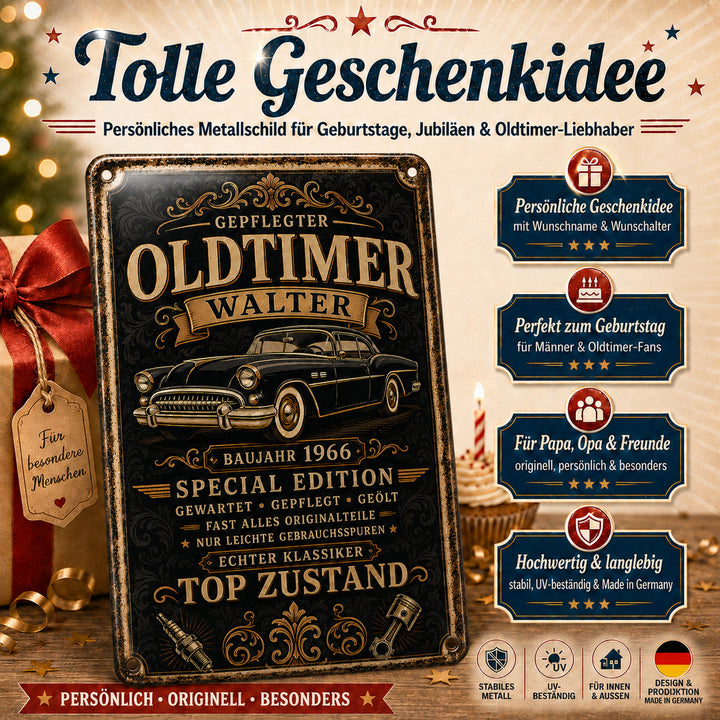 Gepflegter Oldtimer – Schwarz-Gold mit Baujahr – personalisiertes Leotie Metallschild, 20 × 30 cm – Produktabbildung 2