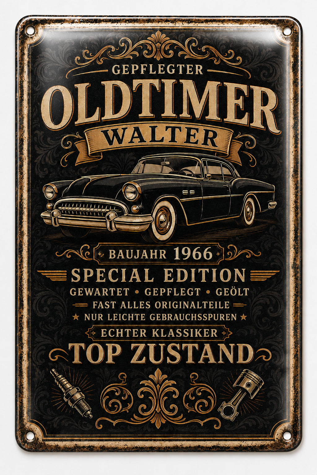 Gepflegter Oldtimer – Schwarz-Gold mit Baujahr – personalisiertes Leotie Metallschild, 20 × 30 cm – Motivansicht