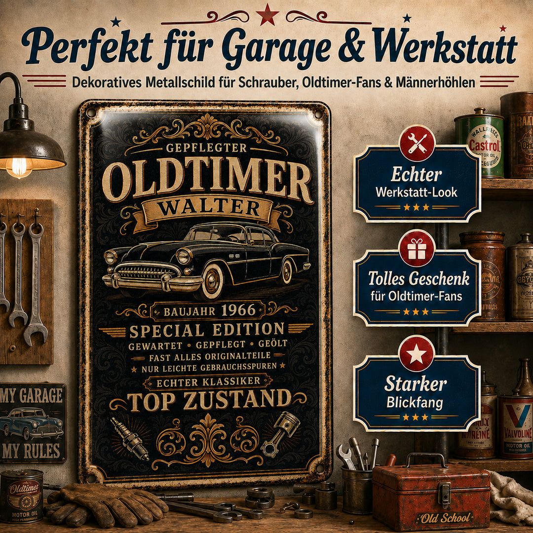 Gepflegter Oldtimer – Schwarz-Gold mit Baujahr – personalisiertes Leotie Metallschild, 20 × 30 cm – Produktabbildung 5
