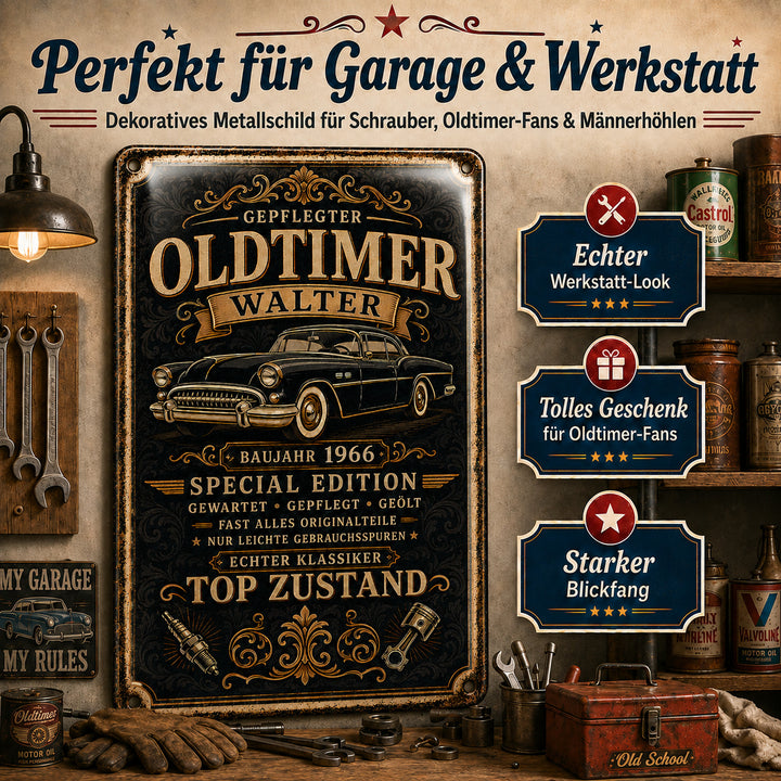 Gepflegter Oldtimer – Schwarz-Gold mit Baujahr – personalisiertes Leotie Metallschild, 20 × 30 cm – Produktabbildung 5