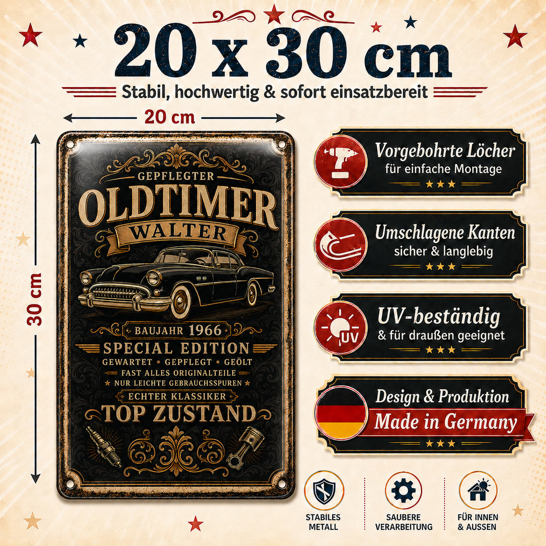 Gepflegter Oldtimer – Schwarz-Gold mit Baujahr – personalisiertes Leotie Metallschild, 20 × 30 cm – Produktabbildung 6