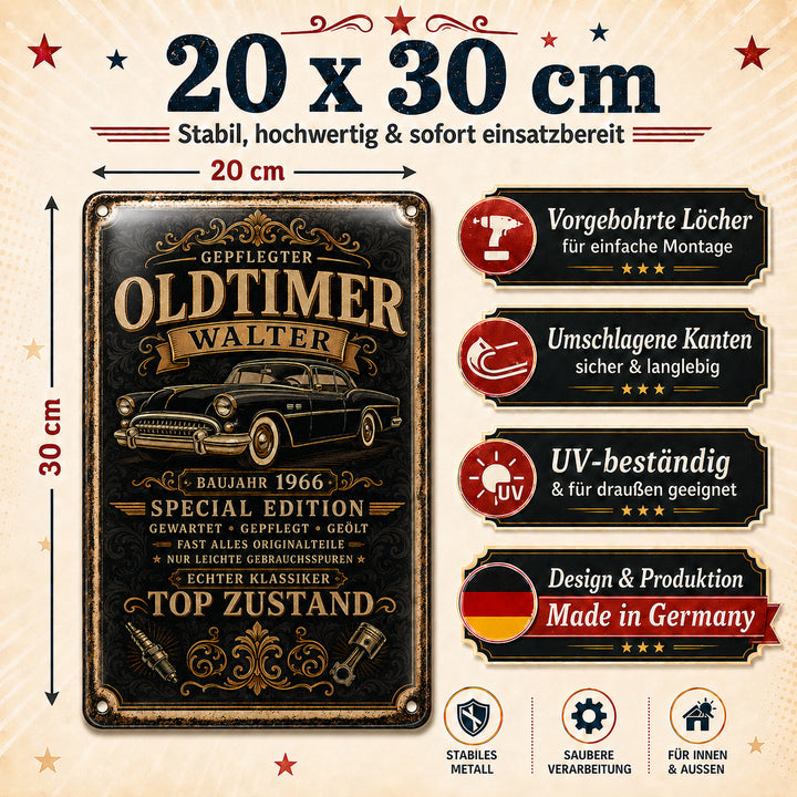 Gepflegter Oldtimer – Schwarz-Gold mit Baujahr – personalisiertes Leotie Metallschild, 20 × 30 cm – Produktabbildung 6