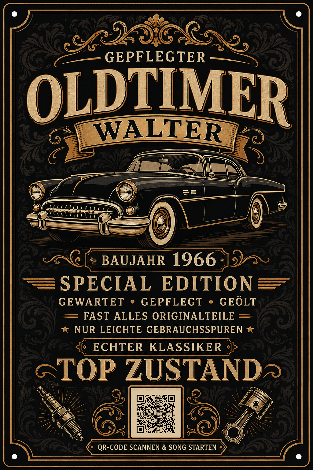 Gepflegter Oldtimer – Schwarz-Gold mit Baujahr – personalisiertes Blechschild – Ausführung mit QR-Code für einen persönlichen Song, 20 × 30 cm