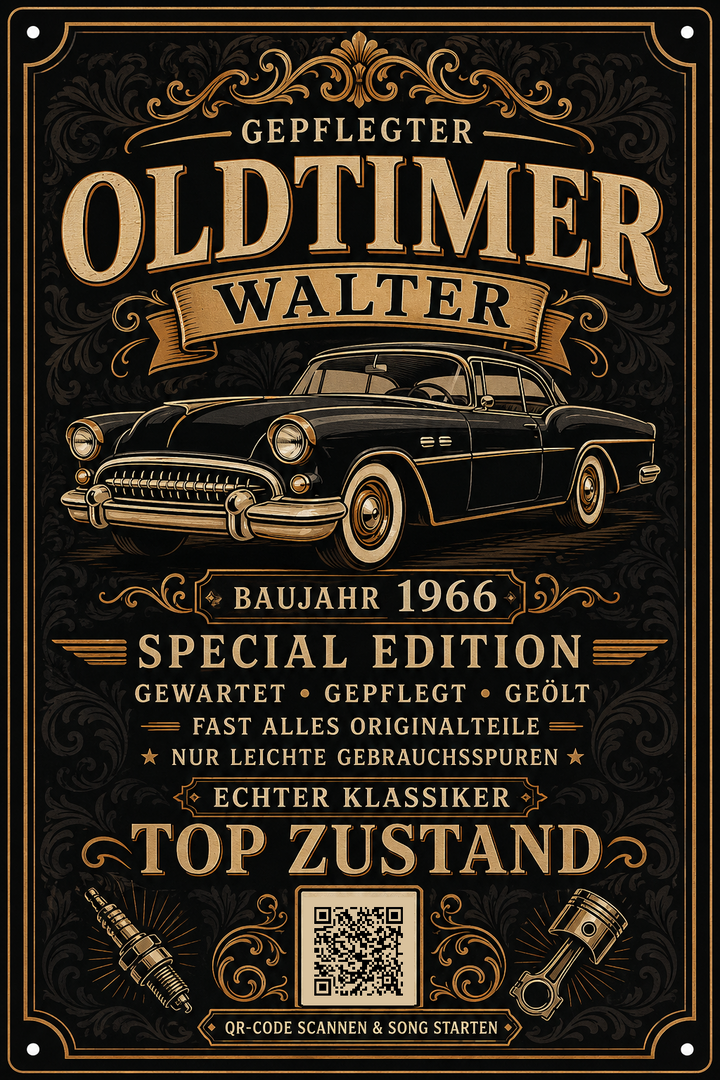 Gepflegter Oldtimer – Schwarz-Gold mit Baujahr – personalisiertes Blechschild – Ausführung mit QR-Code für einen persönlichen Song, 20 × 30 cm