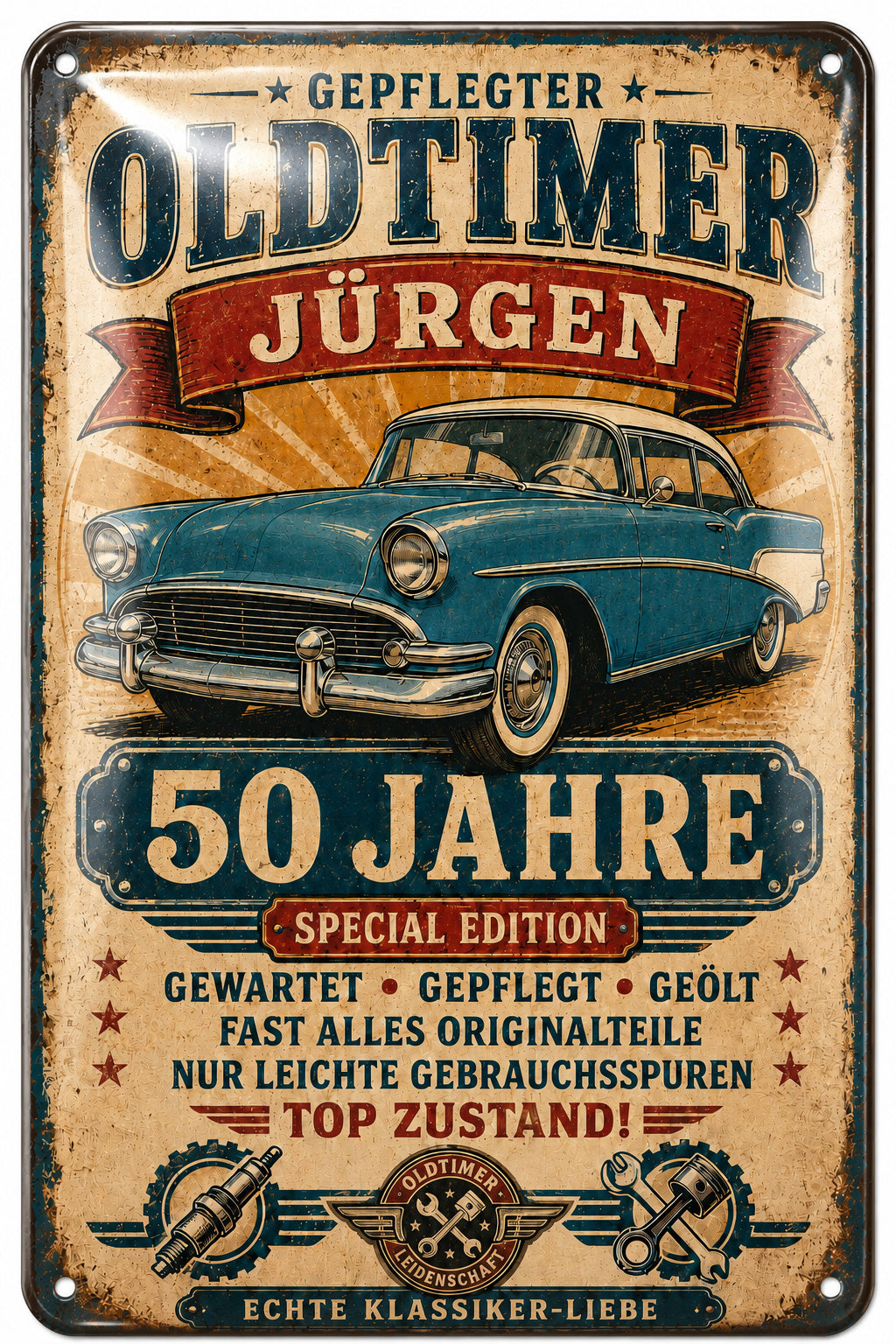 Gepflegter Oldtimer – Echte Klassiker-Liebe – personalisiertes Leotie Metallschild, 20 × 30 cm – Motivansicht