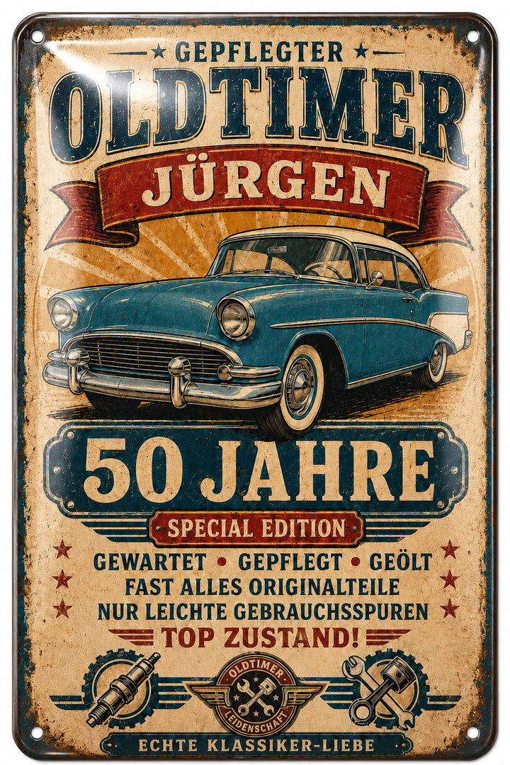 Gepflegter Oldtimer – Echte Klassiker-Liebe – personalisiertes Leotie Metallschild, 20 × 30 cm – Motivansicht