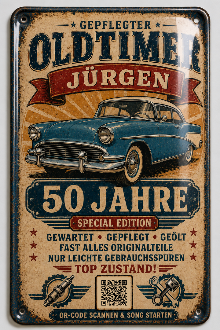 Gepflegter Oldtimer – Echte Klassiker-Liebe – personalisiertes Blechschild – Ausführung mit QR-Code für einen persönlichen Song, 20 × 30 cm