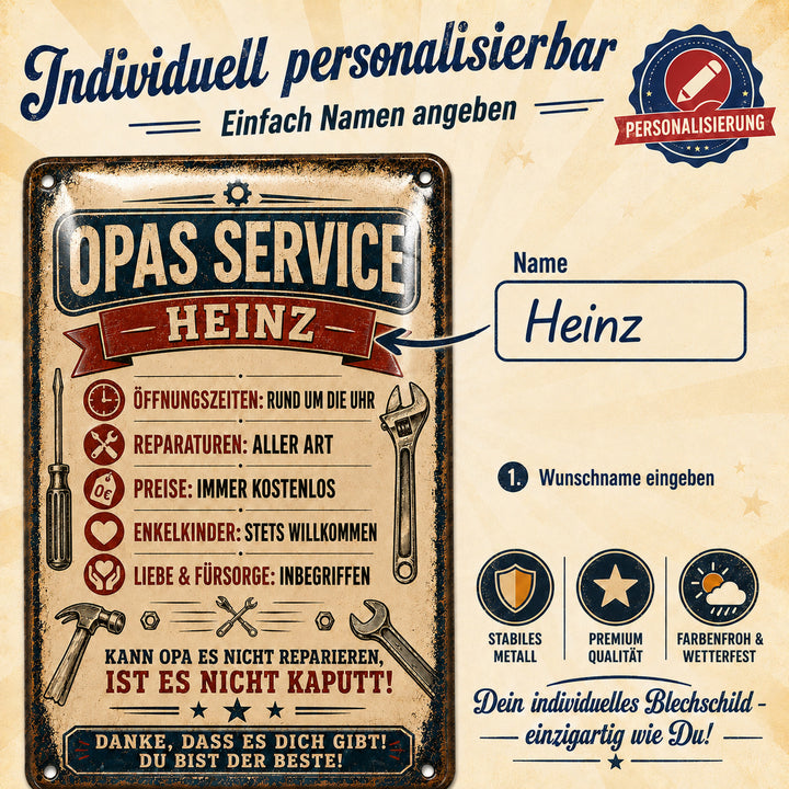 Opas Service – Liebe &amp; Fürsorge inbegriffen – personalisiertes Leotie Metallschild, 20 × 30 cm – Produktabbildung 2