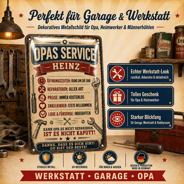 Opas Service – Liebe &amp; Fürsorge inbegriffen – personalisiertes Leotie Metallschild, 20 × 30 cm – Produktabbildung 3