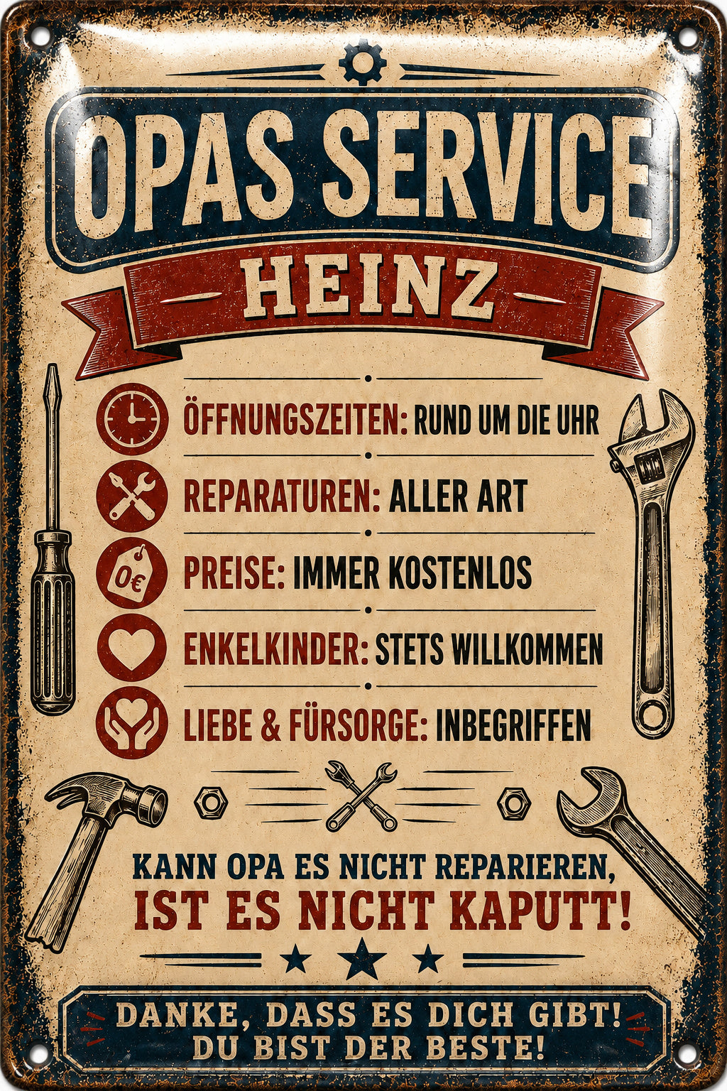 Opas Service – Liebe &amp; Fürsorge inbegriffen – personalisiertes Leotie Metallschild, 20 × 30 cm – Motivansicht