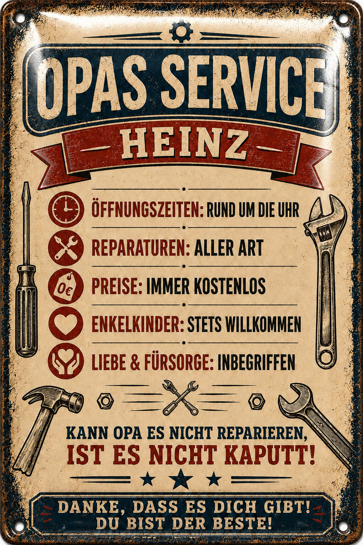 Opas Service – Liebe &amp; Fürsorge inbegriffen – personalisiertes Leotie Metallschild, 20 × 30 cm – Motivansicht