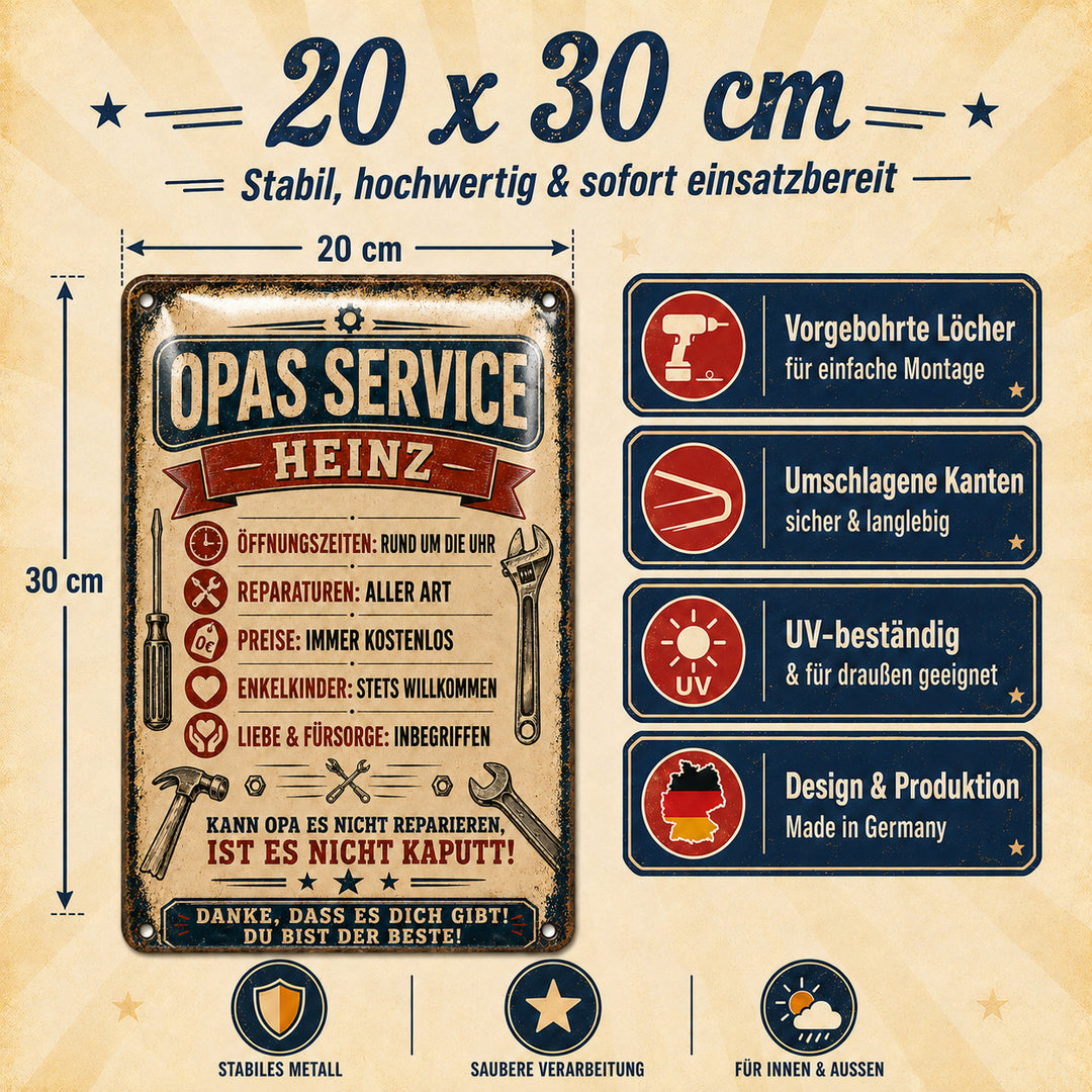 Opas Service – Liebe &amp; Fürsorge inbegriffen – personalisiertes Leotie Metallschild, 20 × 30 cm – Produktabbildung 4