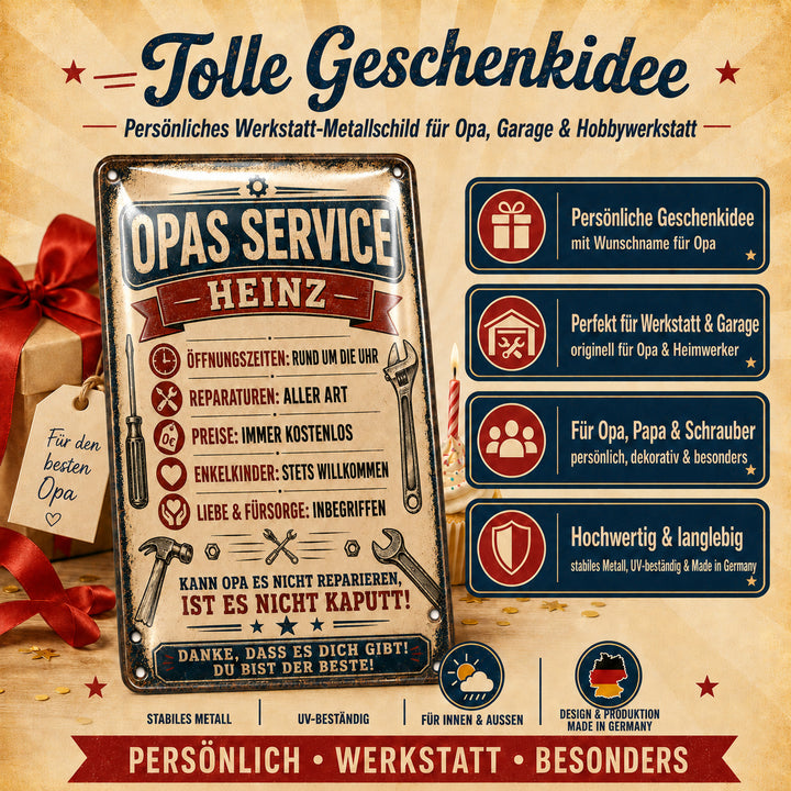 Opas Service – Liebe &amp; Fürsorge inbegriffen – personalisiertes Leotie Metallschild, 20 × 30 cm – Produktabbildung 6