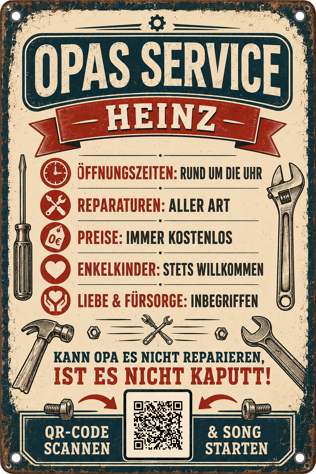 Opas Service – Liebe &amp; Fürsorge inbegriffen – personalisiertes Blechschild – Ausführung mit QR-Code für einen persönlichen Song, 20 × 30 cm