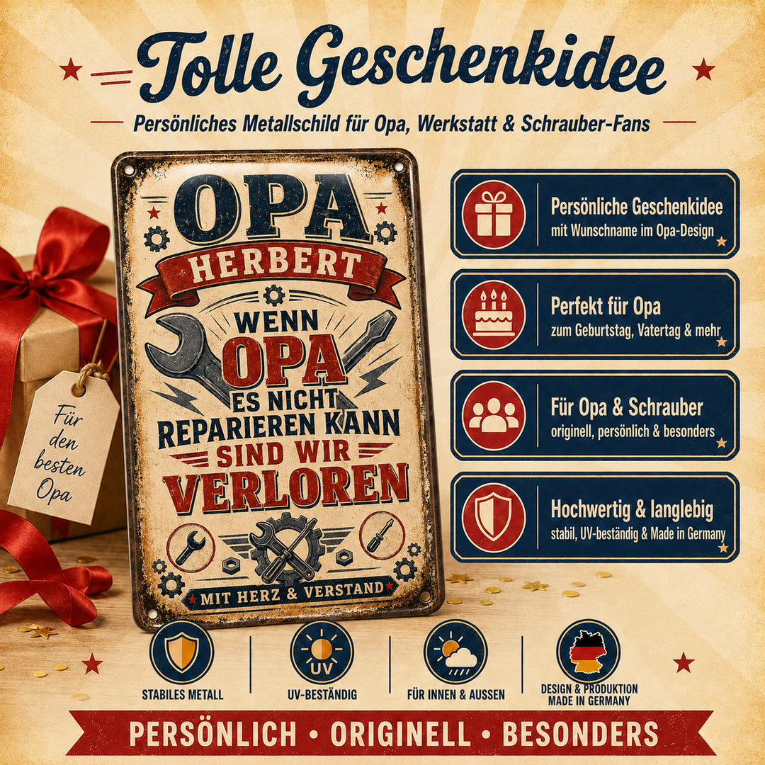 Wenn Opa es nicht reparieren kann – Mit Herz &amp; Verstand – personalisiertes Leotie Metallschild, 20 × 30 cm – Produktabbildung 4