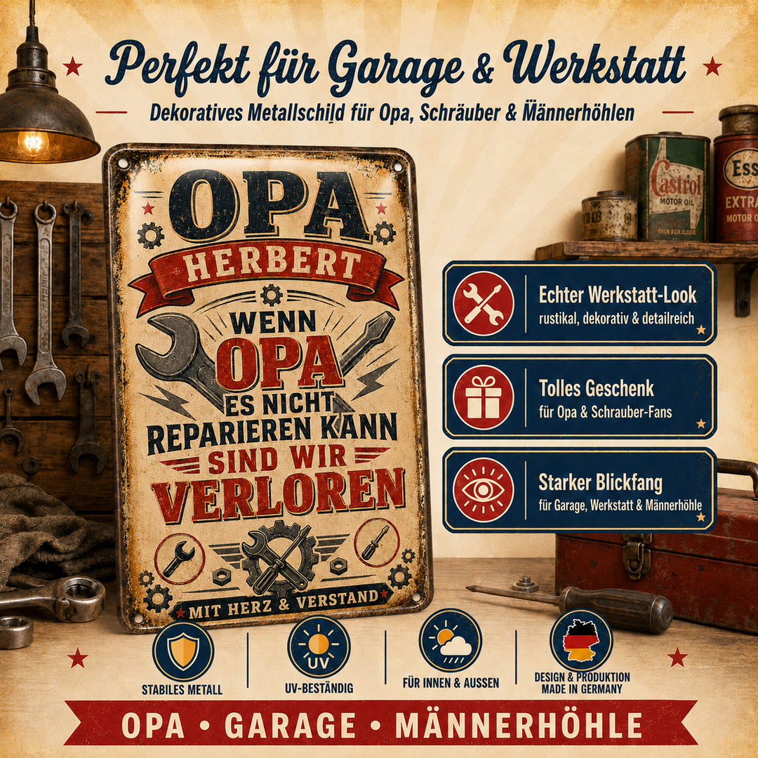 Wenn Opa es nicht reparieren kann – Mit Herz &amp; Verstand – personalisiertes Leotie Metallschild, 20 × 30 cm – Produktabbildung 5