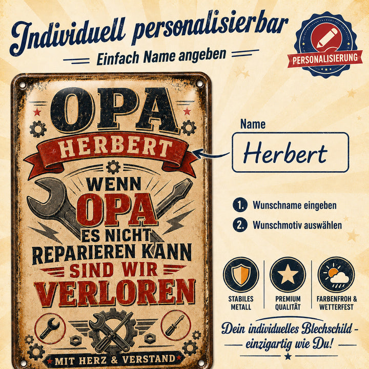 Wenn Opa es nicht reparieren kann – Mit Herz &amp; Verstand – personalisiertes Leotie Metallschild, 20 × 30 cm – Produktabbildung 7