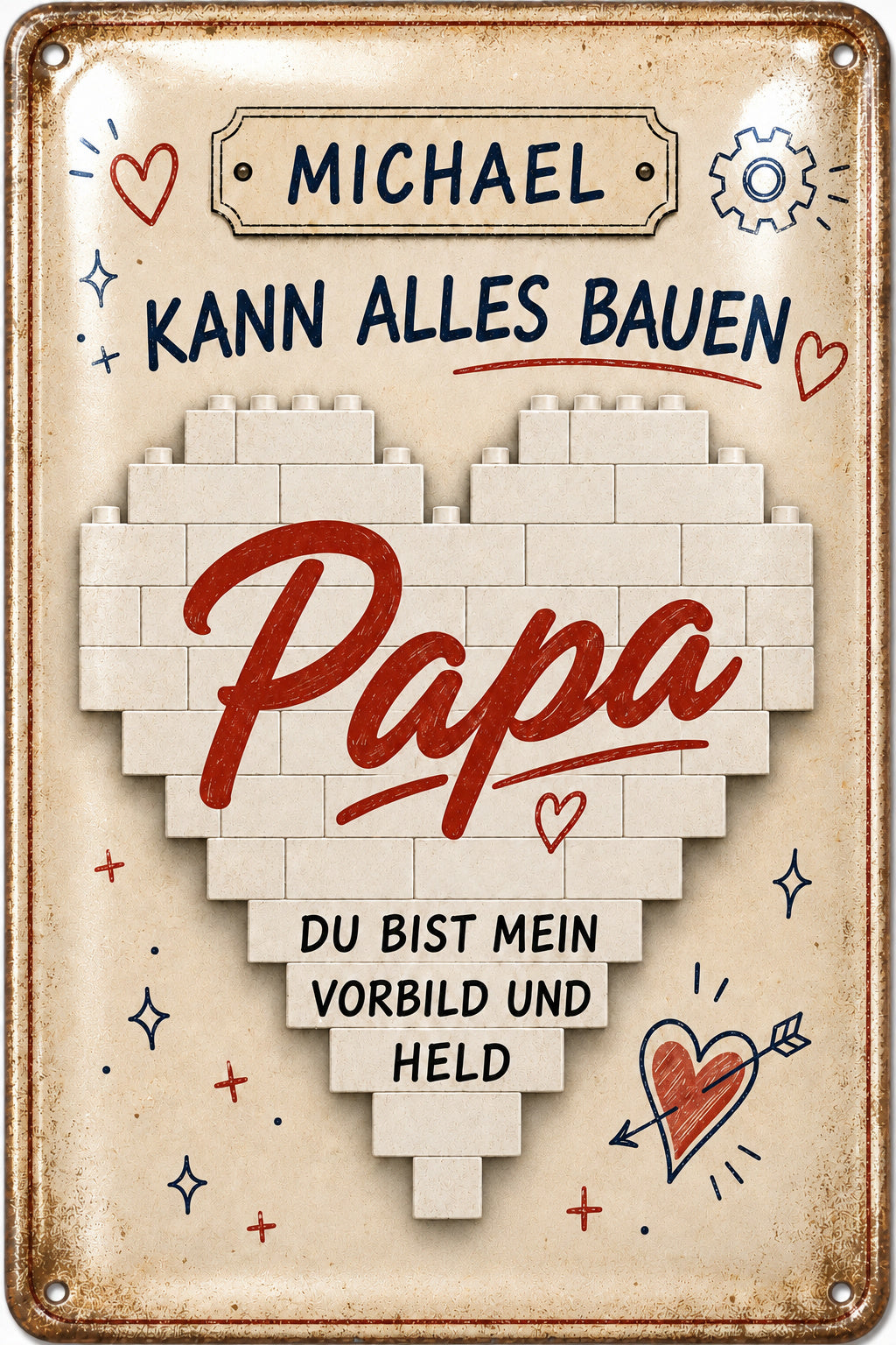Papa – Du bist mein Vorbild und Held – personalisiertes Leotie Metallschild, 20 × 30 cm – Motivansicht