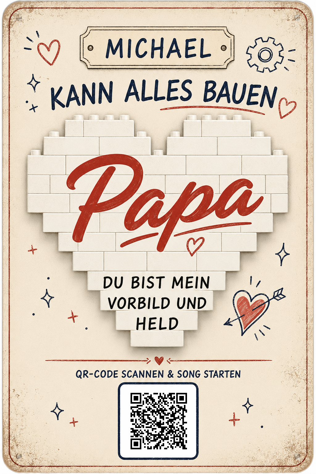 Papa – Du bist mein Vorbild und Held – personalisiertes Blechschild – Ausführung mit QR-Code für einen persönlichen Song, 20 × 30 cm