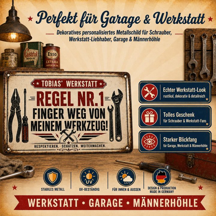 Regel Nr. 1 – Finger weg von meinem Werkzeug – personalisiertes Leotie Metallschild, 30 × 20 cm – Produktabbildung 2