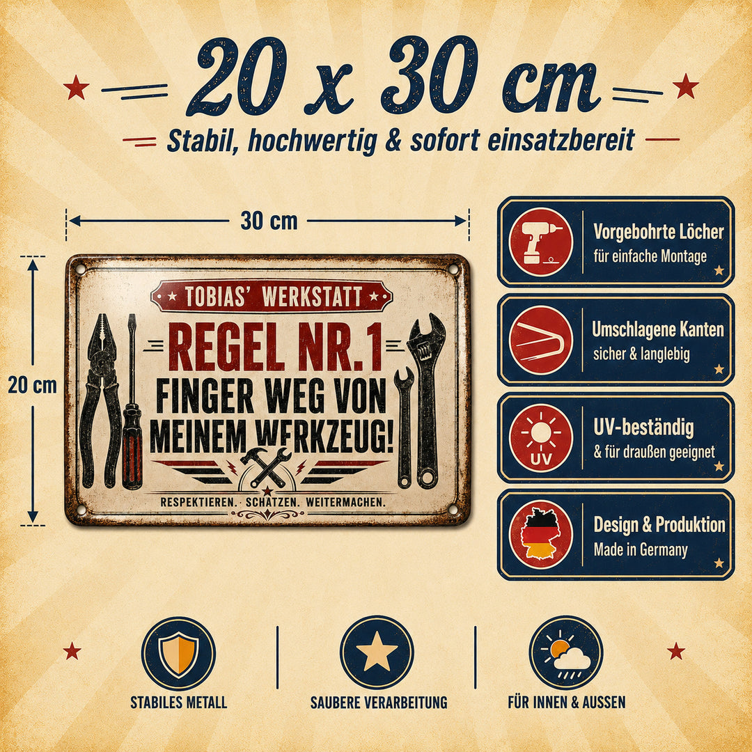 Regel Nr. 1 – Finger weg von meinem Werkzeug – personalisiertes Leotie Metallschild, 30 × 20 cm – Produktabbildung 4