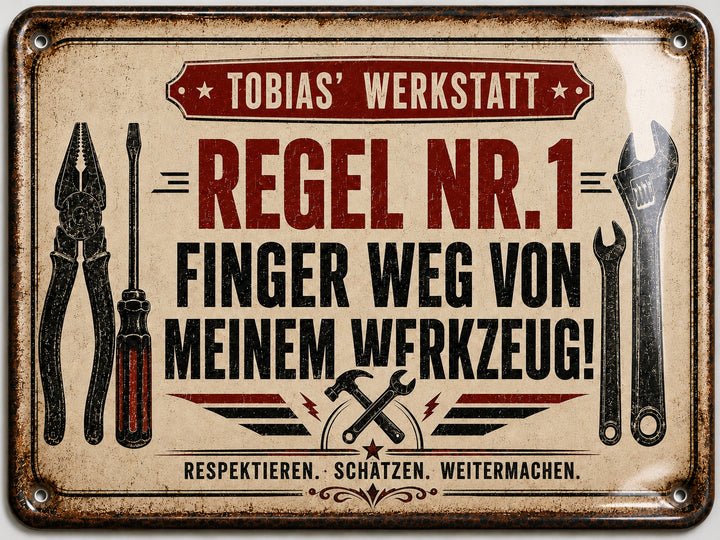Regel Nr. 1 – Finger weg von meinem Werkzeug – personalisiertes Leotie Metallschild, 30 × 20 cm – Motivansicht