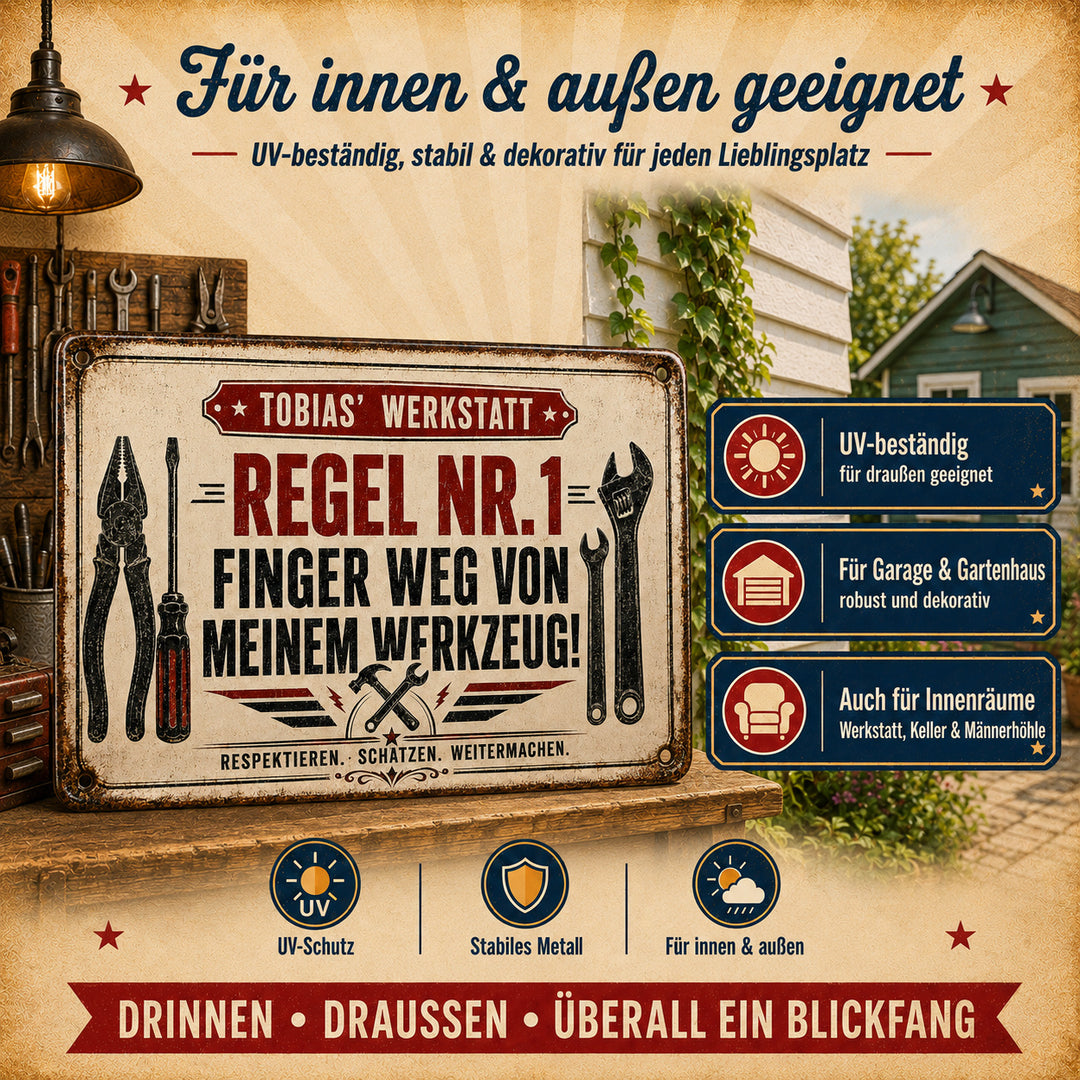 Regel Nr. 1 – Finger weg von meinem Werkzeug – personalisiertes Leotie Metallschild, 30 × 20 cm – Produktabbildung 6