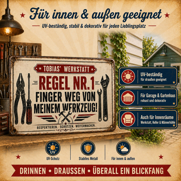 Regel Nr. 1 – Finger weg von meinem Werkzeug – personalisiertes Leotie Metallschild, 30 × 20 cm – Produktabbildung 6