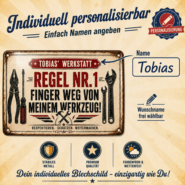 Regel Nr. 1 – Finger weg von meinem Werkzeug – personalisiertes Leotie Metallschild, 30 × 20 cm – Produktabbildung 7