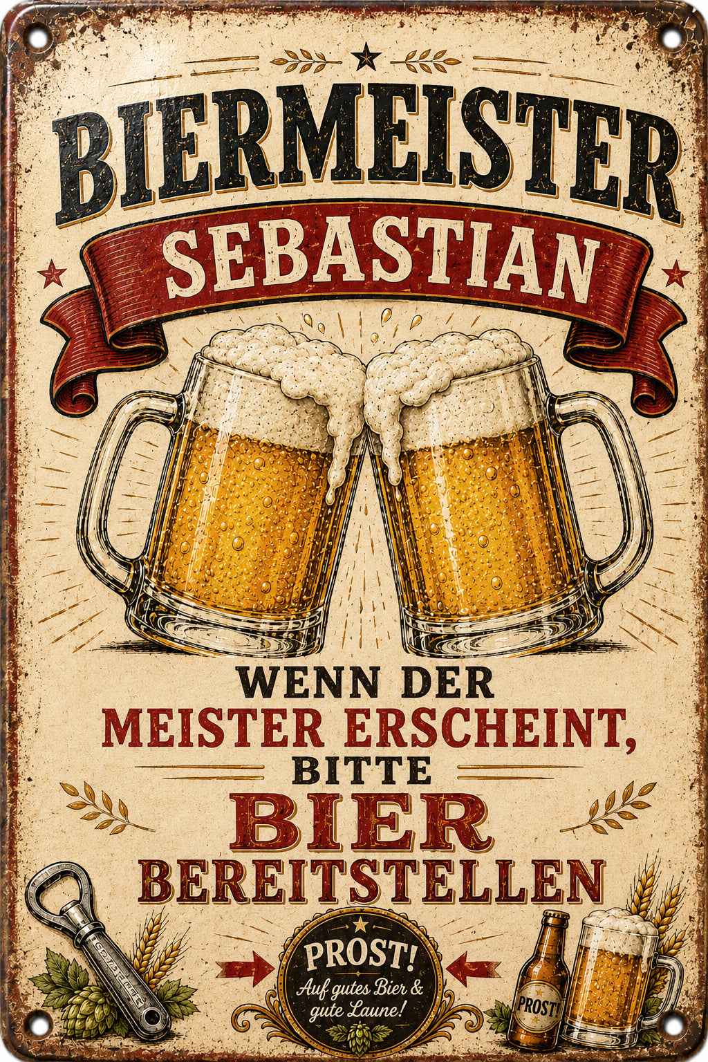 Biermeister – Bitte Bier bereitstellen – personalisiertes Leotie Metallschild, 20 × 30 cm – Motivansicht