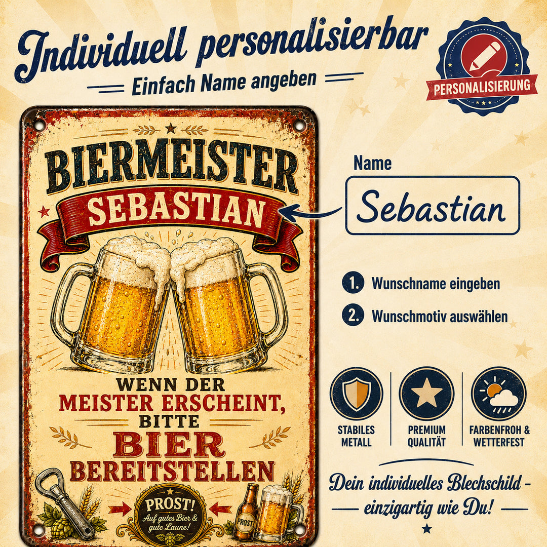 Biermeister – Bitte Bier bereitstellen – personalisiertes Leotie Metallschild, 20 × 30 cm – Produktabbildung 5