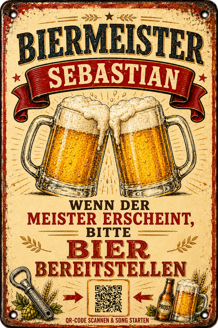 Biermeister – Bitte Bier bereitstellen – personalisiertes Blechschild – Ausführung mit QR-Code für einen persönlichen Song, 20 × 30 cm