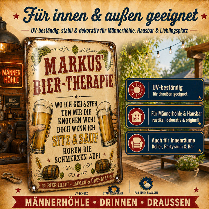 Bier-Therapie – Humorvoller Spruch mit Namen – personalisiertes Leotie Metallschild, 20 × 30 cm – Produktabbildung 3