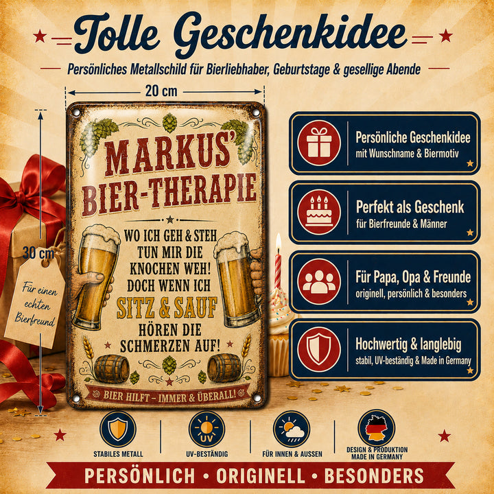 Bier-Therapie – Humorvoller Spruch mit Namen – personalisiertes Leotie Metallschild, 20 × 30 cm – Produktabbildung 4