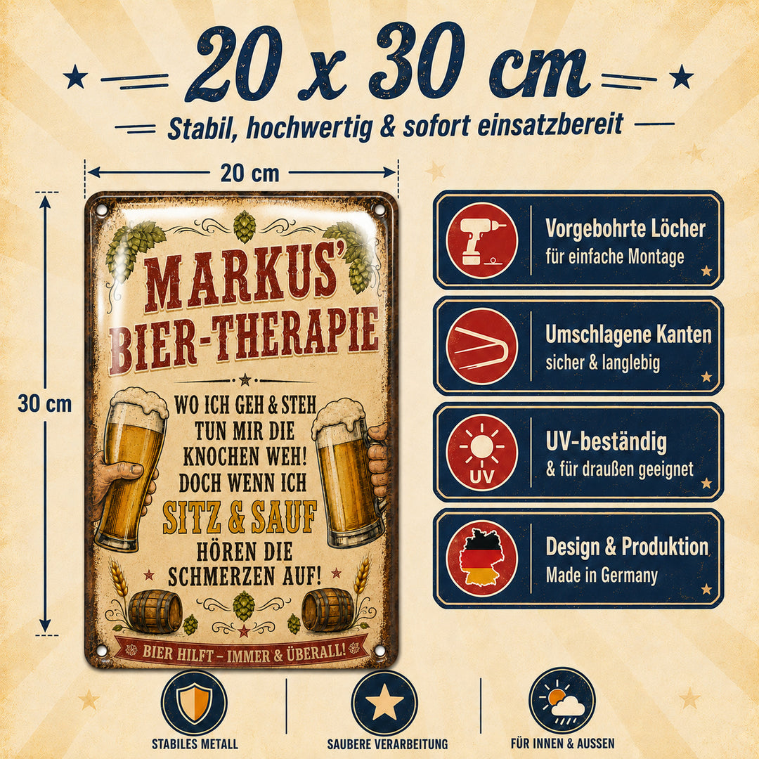 Bier-Therapie – Humorvoller Spruch mit Namen – personalisiertes Leotie Metallschild, 20 × 30 cm – Produktabbildung 5