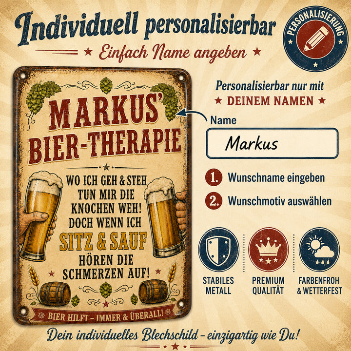 Bier-Therapie – Humorvoller Spruch mit Namen – personalisiertes Leotie Metallschild, 20 × 30 cm – Produktabbildung 6