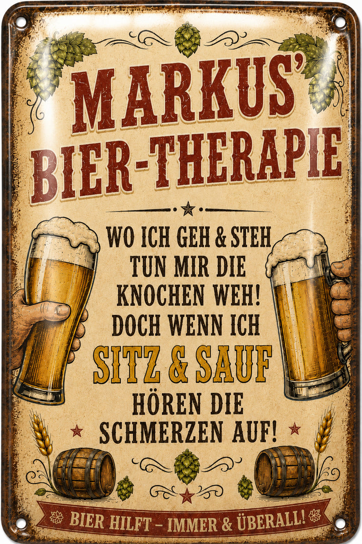 Bier-Therapie – Humorvoller Spruch mit Namen – personalisiertes Leotie Metallschild, 20 × 30 cm – Motivansicht