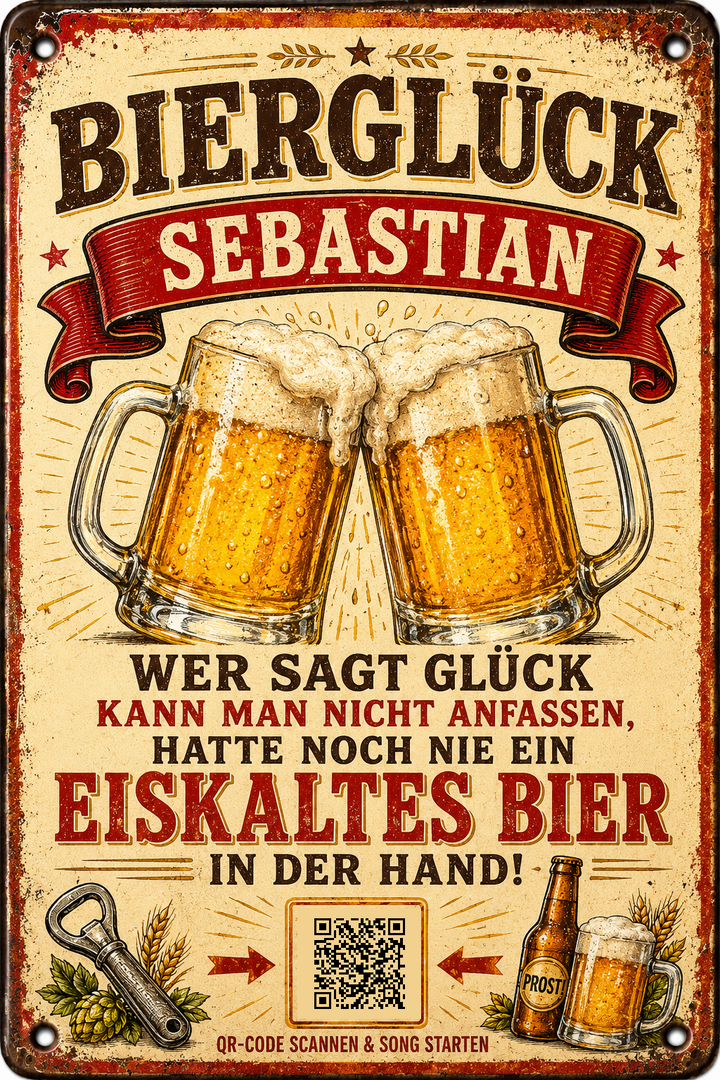 Bierglück – Ein eiskaltes Bier in der Hand – personalisiertes Blechschild – Ausführung mit QR-Code für einen persönlichen Song, 20 × 30 cm