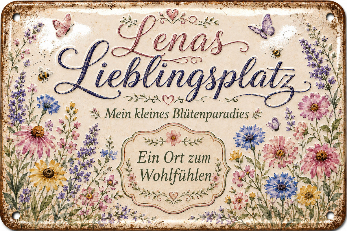 Lieblingsplatz – Ein Ort zum Wohlfühlen – personalisiertes Leotie Metallschild, 30 × 20 cm – Motivansicht