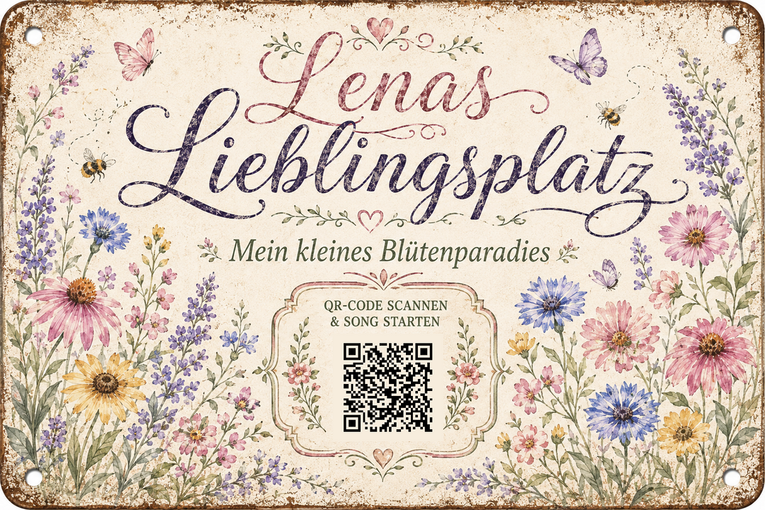 Lieblingsplatz – Ein Ort zum Wohlfühlen – personalisiertes Blechschild – Ausführung mit QR-Code für einen persönlichen Song, 20 × 30 cm