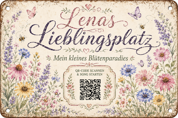 Lieblingsplatz – Ein Ort zum Wohlfühlen – personalisiertes Blechschild – Ausführung mit QR-Code für einen persönlichen Song, 20 × 30 cm