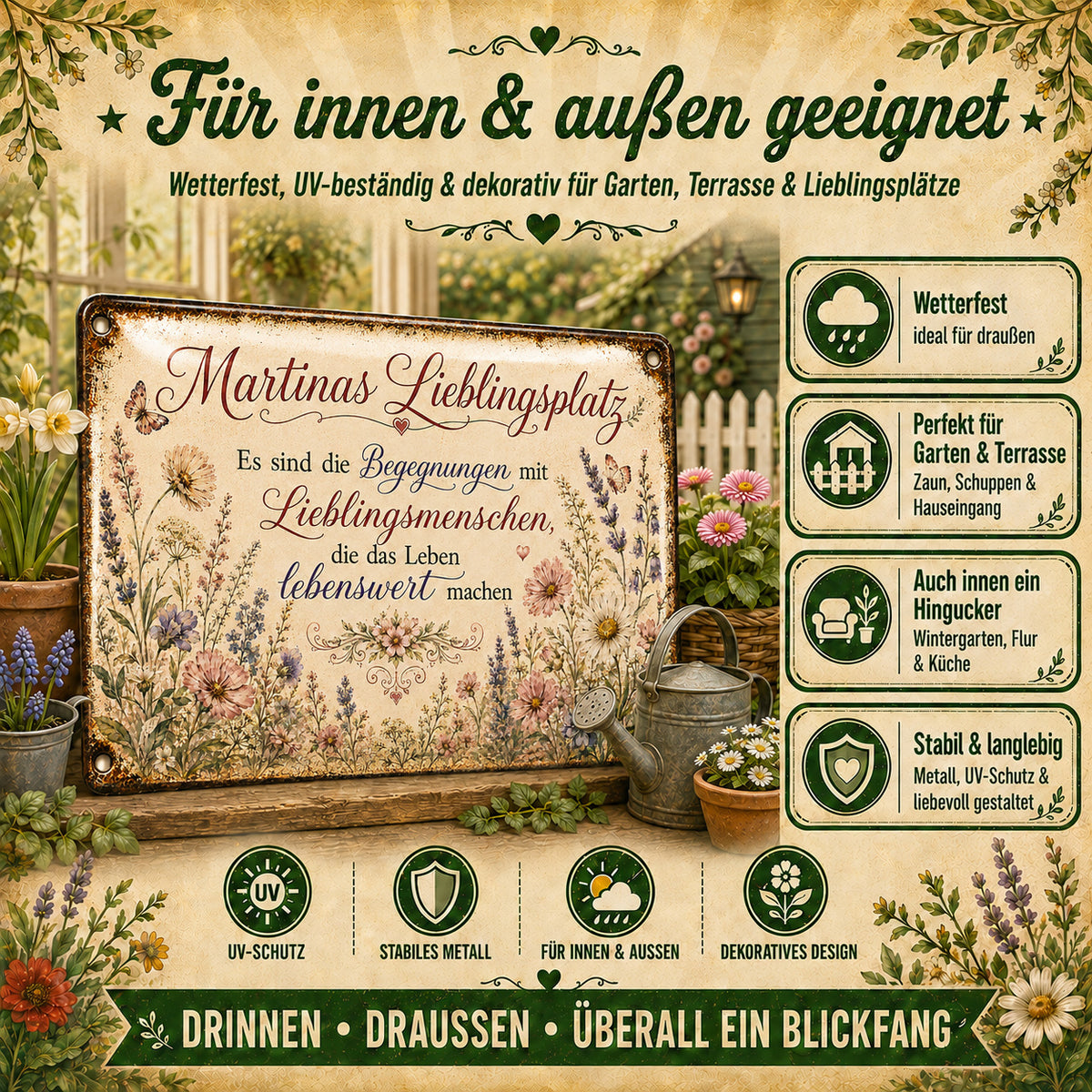 Lieblingsplatz – Begegnungen mit Lieblingsmenschen – personalisiertes Leotie Metallschild, 30 × 20 cm – Produktabbildung 3