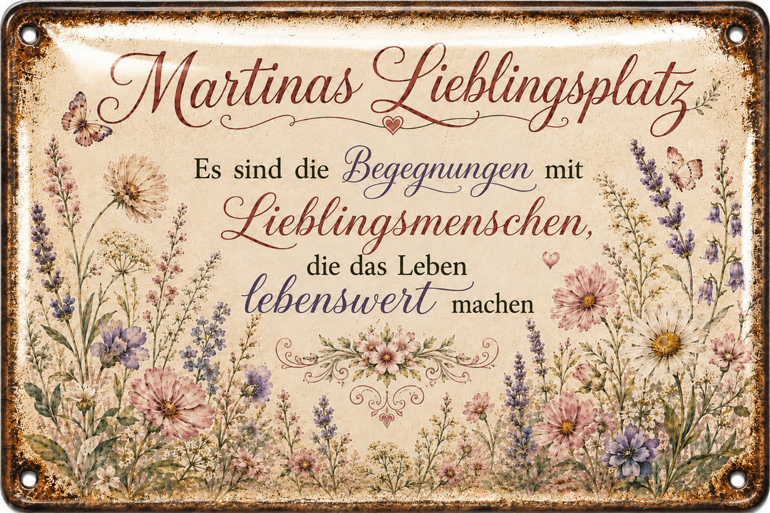 Lieblingsplatz – Begegnungen mit Lieblingsmenschen – personalisiertes Leotie Metallschild, 30 × 20 cm – Motivansicht