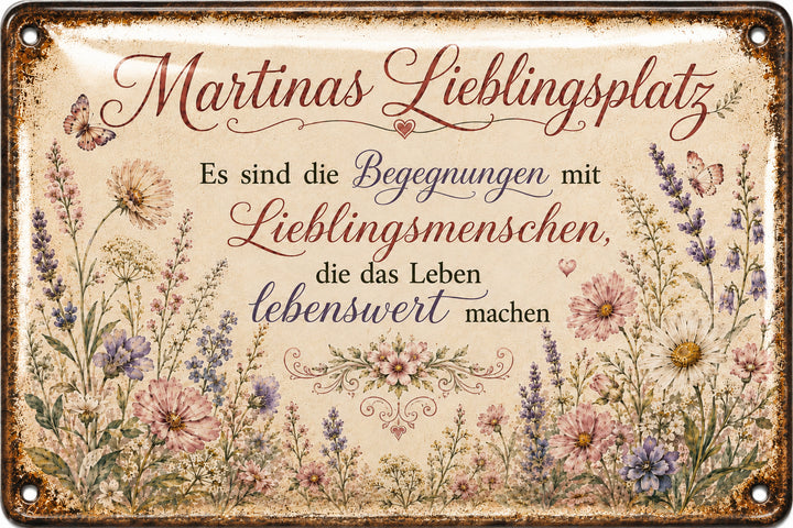 Lieblingsplatz – Begegnungen mit Lieblingsmenschen – personalisiertes Leotie Metallschild, 30 × 20 cm – Motivansicht