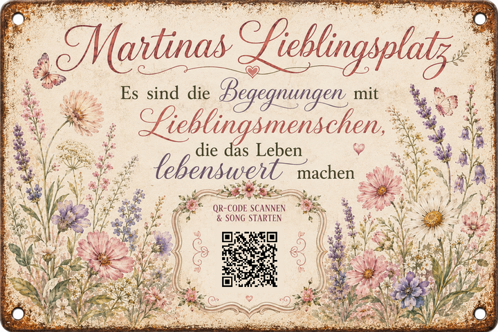 Lieblingsplatz – Begegnungen mit Lieblingsmenschen – personalisiertes Blechschild – Ausführung mit QR-Code für einen persönlichen Song, 20 × 30 cm