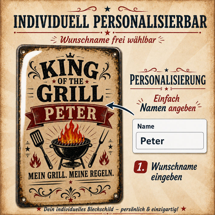 King of the Grill – Mein Grill, meine Regeln – personalisiertes Leotie Metallschild, 20 × 30 cm – Produktabbildung 3