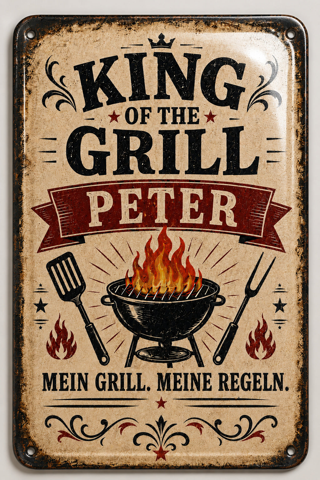 King of the Grill – Mein Grill, meine Regeln – personalisiertes Leotie Metallschild, 20 × 30 cm – Motivansicht