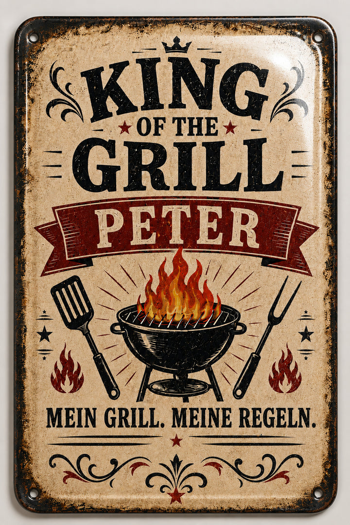 King of the Grill – Mein Grill, meine Regeln – personalisiertes Leotie Metallschild, 20 × 30 cm – Motivansicht
