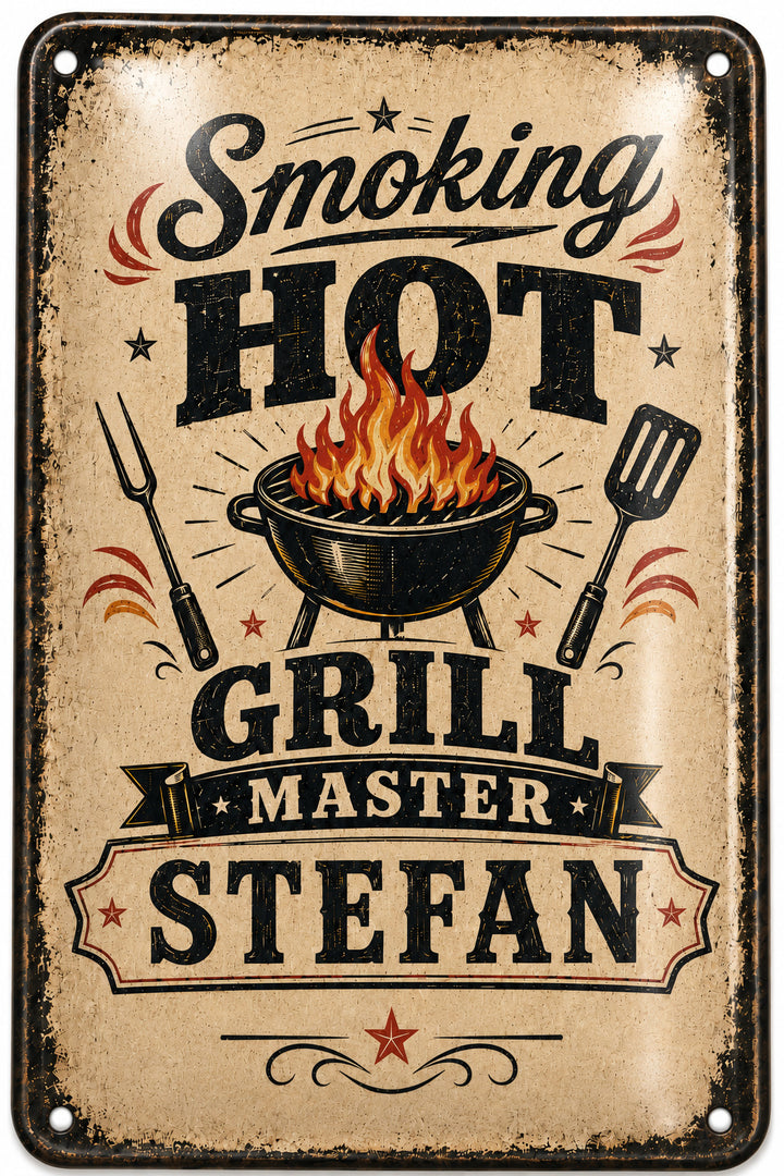 Smoking Hot – Grill Master mit Wunschname – personalisiertes Leotie Metallschild, 20 × 30 cm – Motivansicht